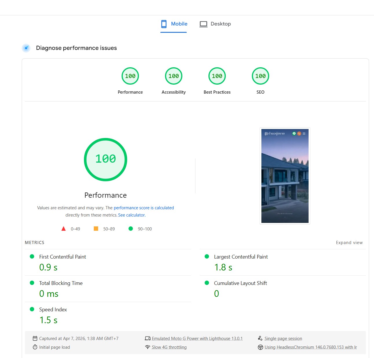 Lighthouse scores: 100 Performance, 100 Accessibility, 100 Best Practices, 100 SEO